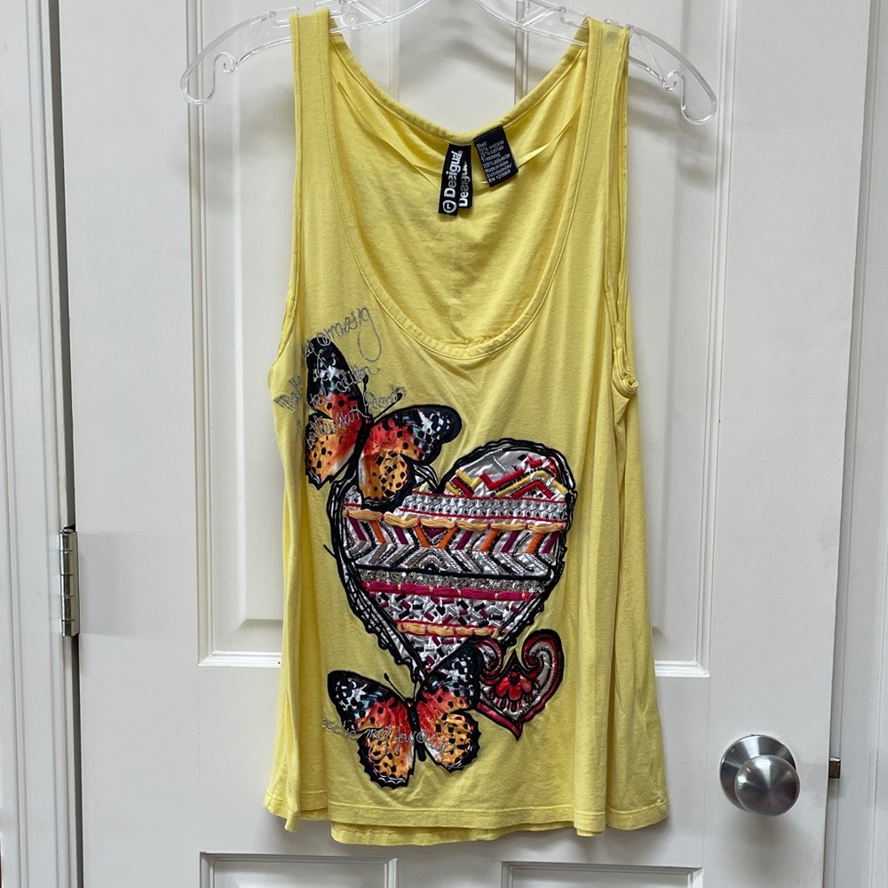 Desigual Yellow Tank Top with Graphic Butterflies, beaded/embroidered